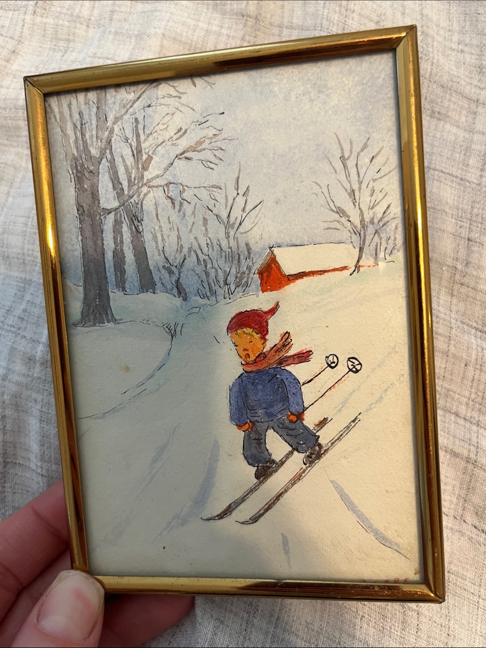 Vintage original mini painting winter skiing scene